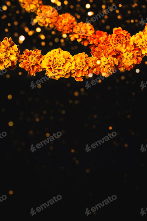 Preview: Marigold flowers Garlands and bokeh. Dia de los muertos day, day of the dead or halloween