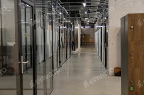Preview: Modern empty office with glass partitions, loft style interior. Perspective view