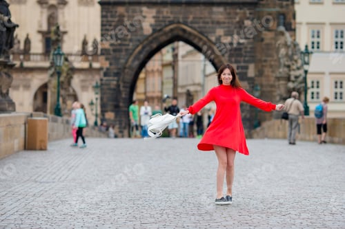 Preview: Happy young urban woman in european city on the famous bridge. Caucasian tourist walking along the