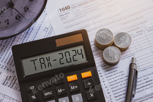 Preview: Tax 2024 word on calculator. Pay tax in 2024 years. The new year 2024 tax concept.