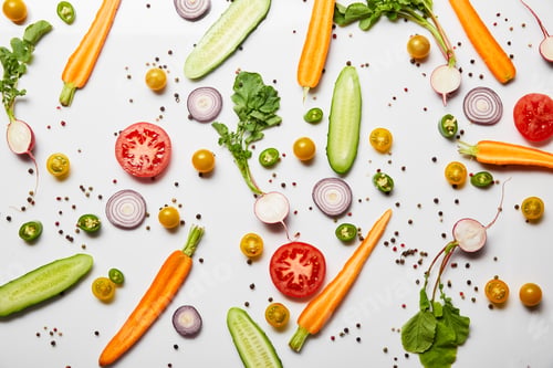 Preview: top view of sliced vegetables and black pepper on white background