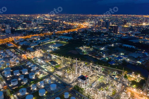 Preview: Petrochemical oil refinery in Bangkok City, Thailand. Oil and gas tanks in industry factory.
