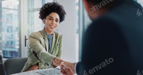 Preview: Business people, handshake and meeting for job interview, recruitment and introduction in public re