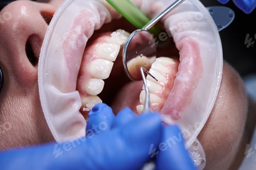 Preview: Dentist in sterile gloves examining woman teeth.