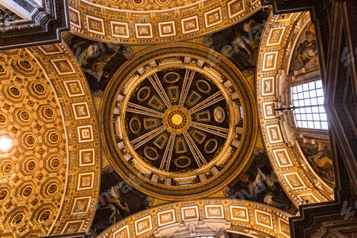 Preview: ROME, ITALY - JUNE 28, 2019: bottom view of ceiling with old frescoes in vatican museum