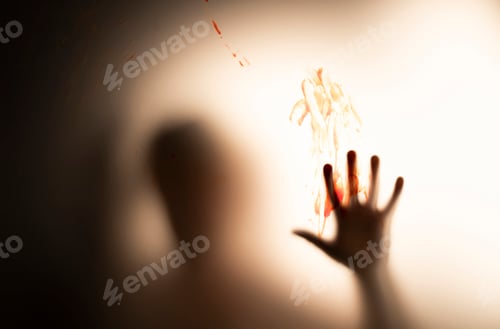 Preview: Shadowy figure hands behind glass - horror background