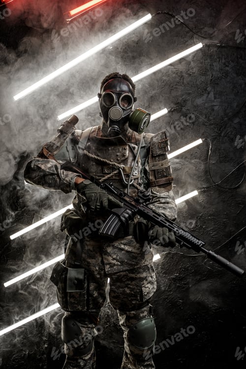 Preview: Apocalyptic army soldier with gas mask holding rifle
