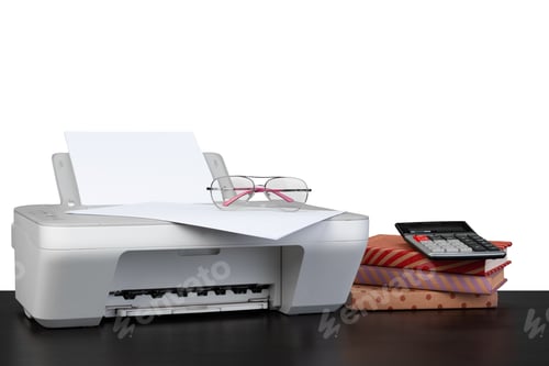 Preview: Printer and stack of books on black table against white background