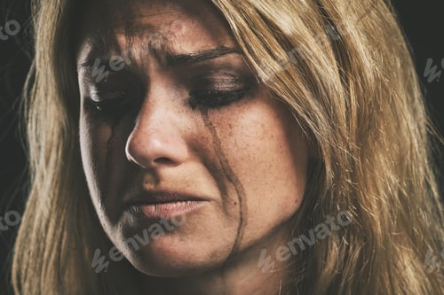 Preview: Sad, depression and woman crying on dark studio background for mental health or psychology awarenes