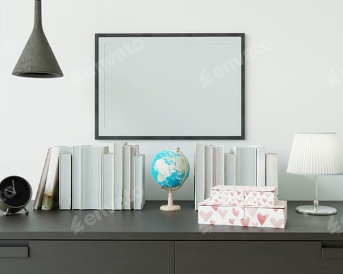 Preview: The working room is decorated with a table. Picture frame and lamp