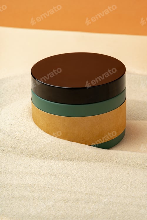 Preview: Cosmetic product jar on beach sand background