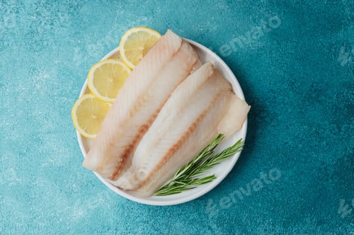 Preview: Raw pollock fillet with lemon slices and rosemary on blue background
