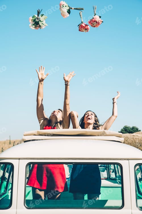 Preview: Two happy lesbian women in the old van