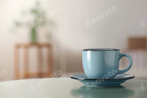 Preview: Ceramic cup on table in room, space for text