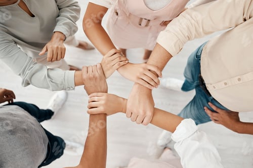 Preview: Top view, business people or holding wrist in support, growth power or marketing community, team bu