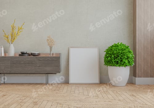 Preview: 3D mockup photo frame with houseplant in living room rendering