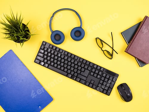 Preview: top view of businessman yellow desk concept image