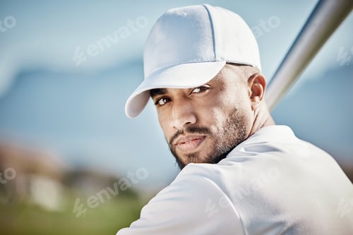 Preview: Baseball batter, portrait or face of man on field at competition, training match on stadium pitch.