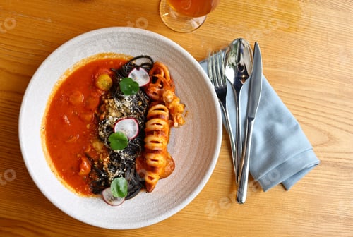 Preview: black spaghetti with squid at a restaurant