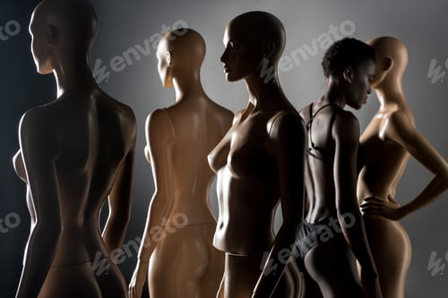 Preview: young african american woman in bodysuit standing between dummies on black