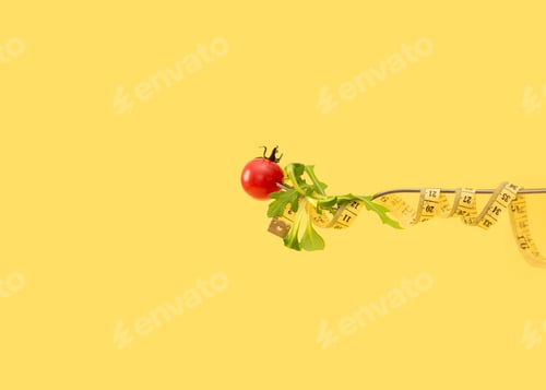 Preview: Fork with salad, cherry tomato and measuring tape on yellow background, weight loss concept