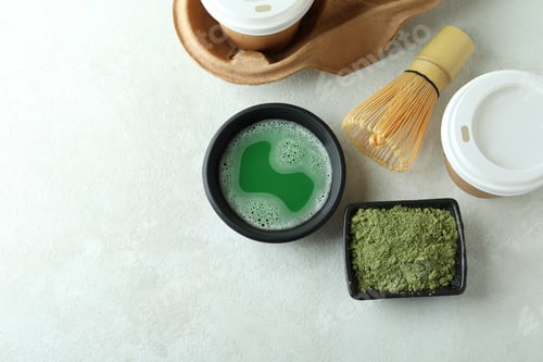 Preview: Concept of japanese tea with matcha on white textured table