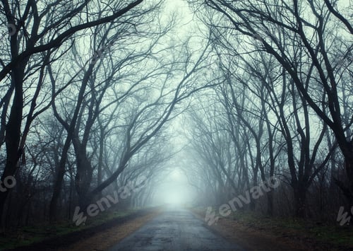 Preview: Mysterious dark autumn forest in fog with road, trees and branch