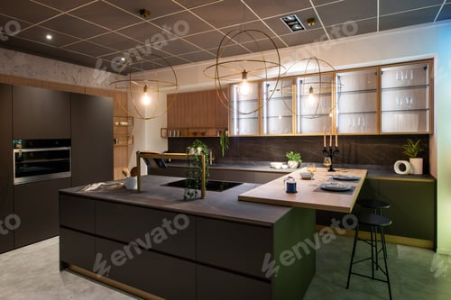 Preview: Modern brown kitchen interior design featuring island and gold fixtures