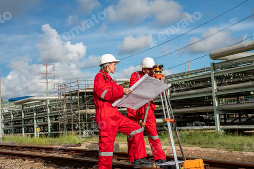 Preview: Team survey construction engineer with safety jacket use level survey camera. Engineer p