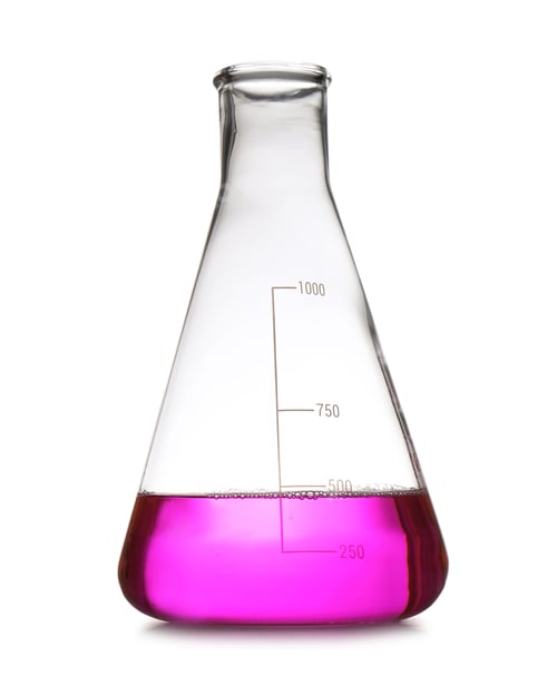 Preview: Conical flask with sample isolated on white. Chemistry laboratory glassware