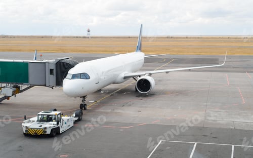 Preview: Passenger plane, telescopic boarding ladder, airfield, airport during the day in the open air