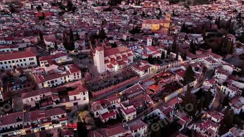 Preview: Aerial view of Granada city, Albaicin district at dusk, old Moorish quarter of the city