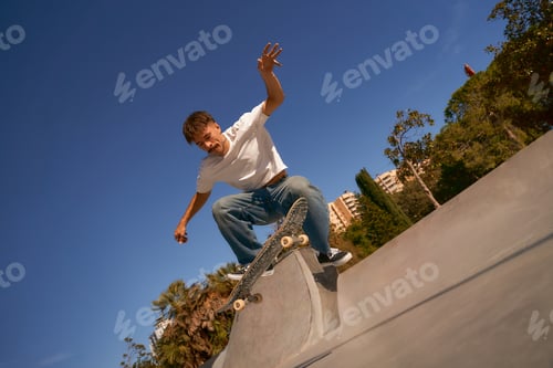 Preview: Full body of young male skater in casual outfit doing trick on skateboard riding in