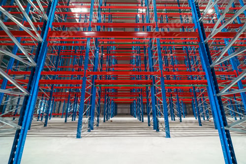 Preview: Commercial huge empty distribution warehouse with high racking