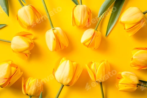 Preview: Yellow tulips on a yellow background. Greeting card