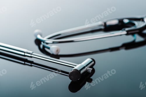 Preview: selective focus of reflex hammer and stethoscope on glass surface