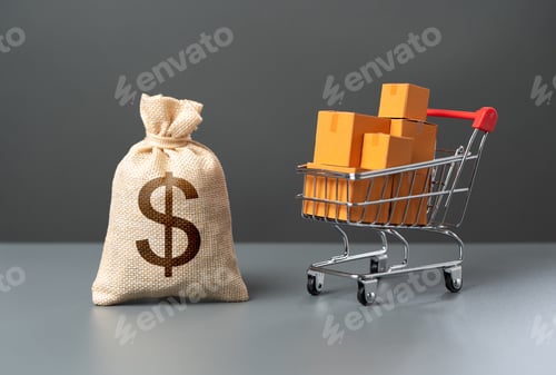 Preview: Supermarket cart with boxes of goods and dollar money bag.