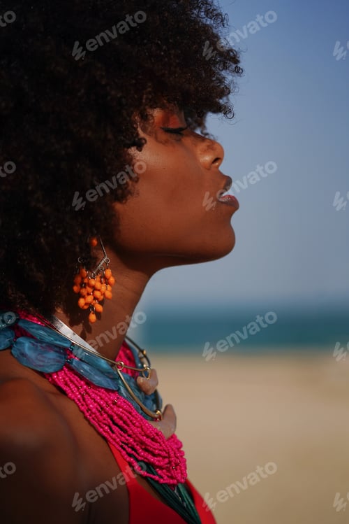 Preview: Side profile view black woman with Afro hair wearing colorful jewelry