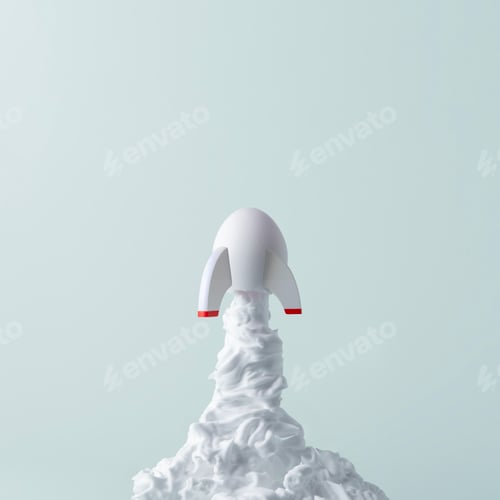 Preview: Creative Easter concept. White egg in the form of rocket takes off against a blue pastel background.