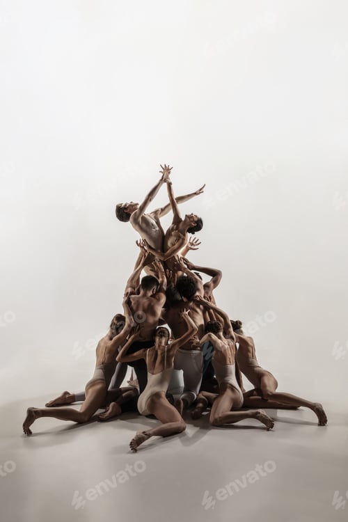 Preview: The group of modern ballet dancers. Contemporary art ballet. Young flexible athletic men and women