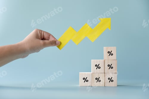 Preview: Yellow paper cut arrow going up positive trend on wooden blocks with percentages