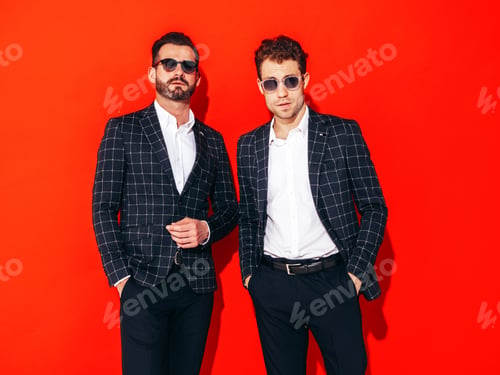 Vista previa: Dos hombres guapos en traje posando en el estudio