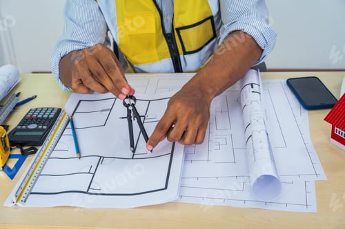 Preview: Asian architect works at a desk with house blueprints, checking plans on a laptop and clipboard