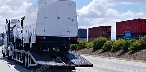 Preview: Big Rig with Flat Bed Trailer Hauling Commercial Vehicles! Train Passing!
