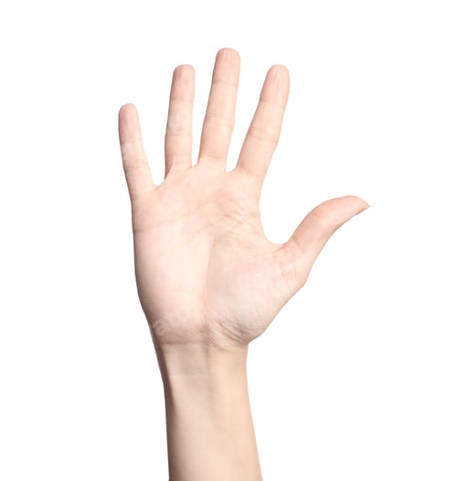 Preview: Woman showing number five on white background, closeup. Sign language