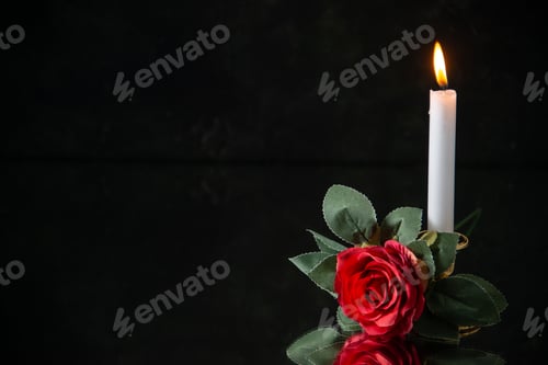 Preview: front view of burning candle with red flower on black background death funeral war