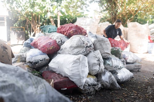 Preview: A Young Hispanic Woman Stacking Glass Bottle Sacks by Big Recycled Heap. Building Sustainability