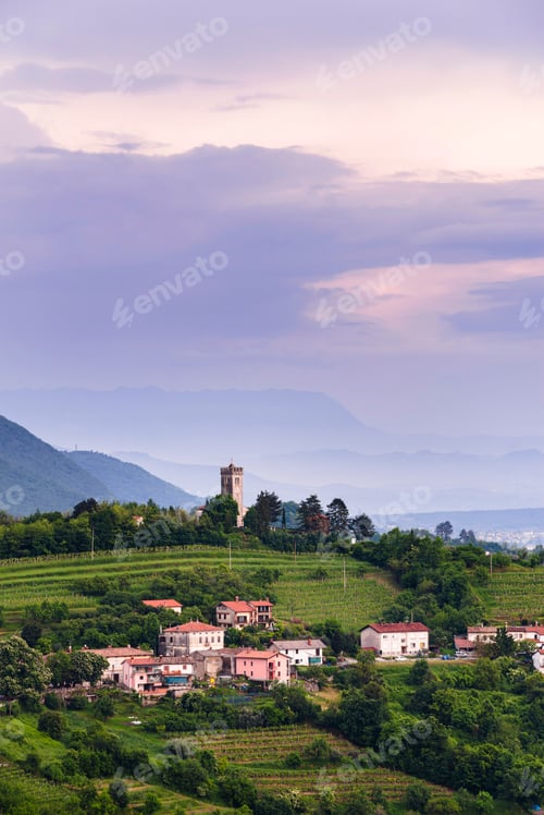 Preview: Vineyards and the hill top town of Kojsko, Goriska Brda (Gorizia Hills), in Brda, the wine region of