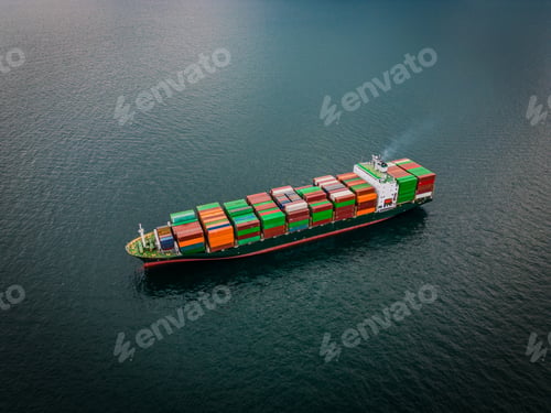 Preview: A loaded container ship in the sea, aerial view, concept of international trade and shipping