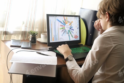 Preview: A young aspiring businessman is sitting in front of his laptop and studying the stock market